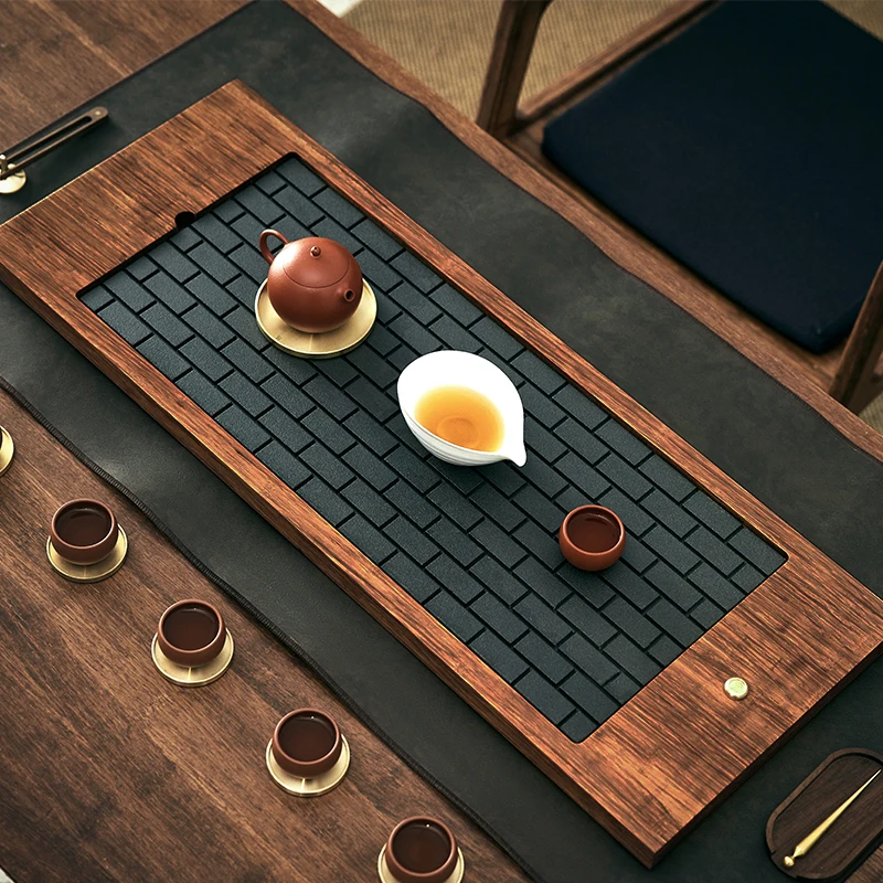 

Luxury Tea Trays Wooden Japanese Rectangular Desk Drainage Tea Tray Black Stone Non Slip Office Plateaux De Service House Items