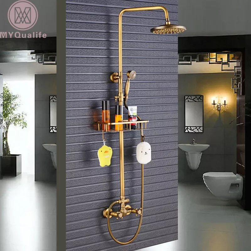 

Antique Brass Shower Faucet Mixers Dual Handle Rainfall 8" Brass Shower Head with Bath Storage Shelf and Hooks Shower Water Tap