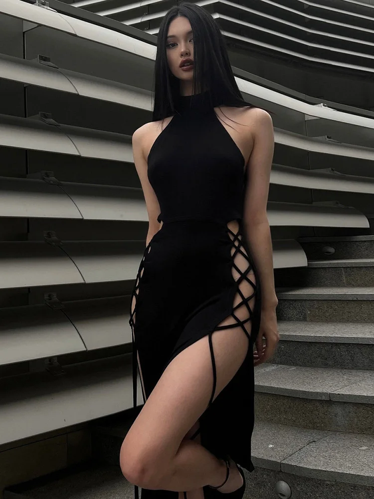 Фото Hohe Split Sexy Verband Frauen Kleider Y2K Mall Gothic Холтер Schlank Midi Kleid Schwarz Grunge Stil Alt party №1