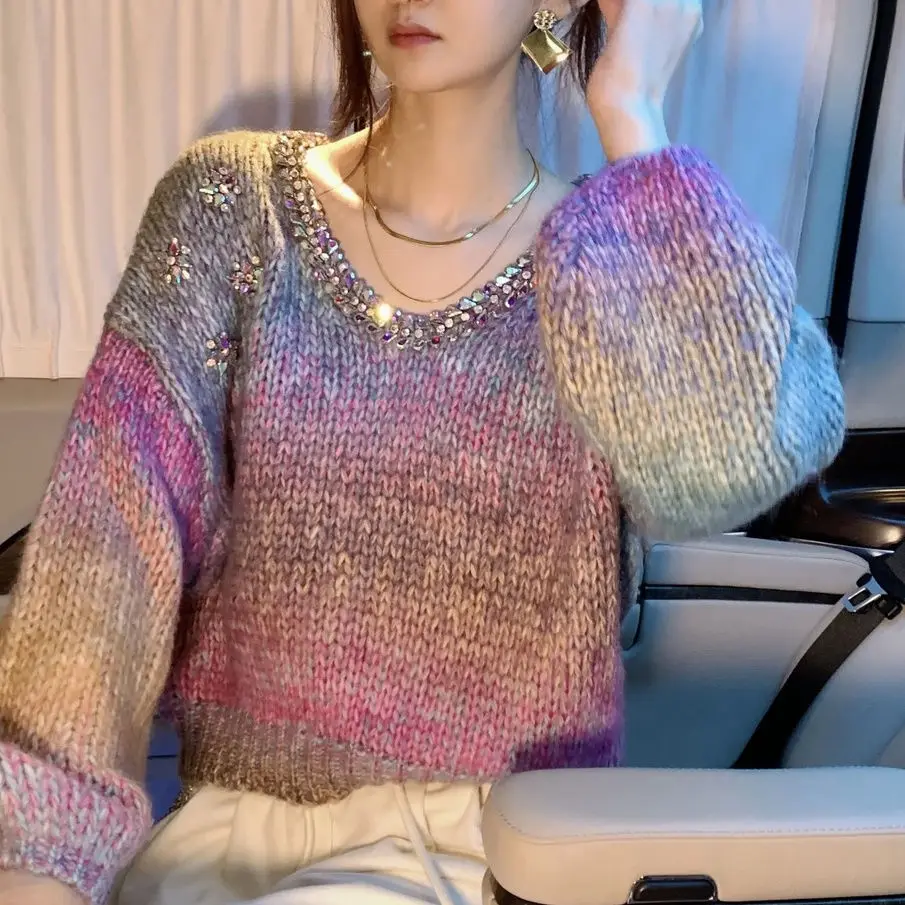 Женский короткий пуловер с градиентом свитер осеннее вязаное женское пальто