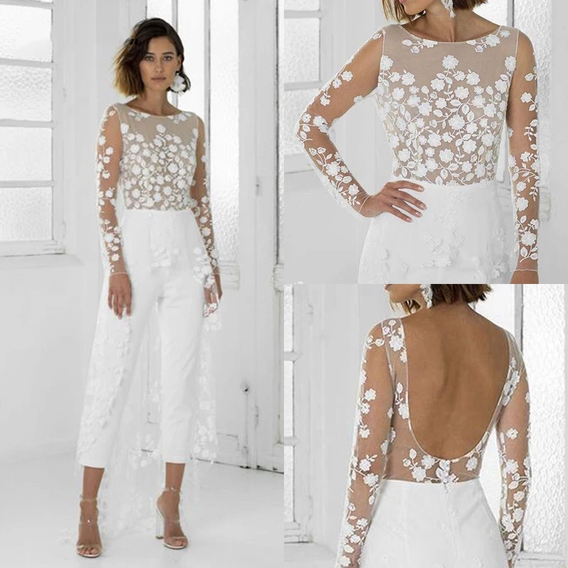 

White Jumpsuit Beach Wedding Dresses Jewel Neck Long Sleeve Backless Ankle Length 2023 Bridal Outfit Lace Summer Wedding Gowns