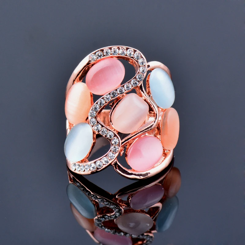 SINLEERY Women Luxury Hollow Multicolor Opal Stone Big Rings Size 7 8 9 10 Rose Gold Color Vintage Jewelry JZ509 SSI