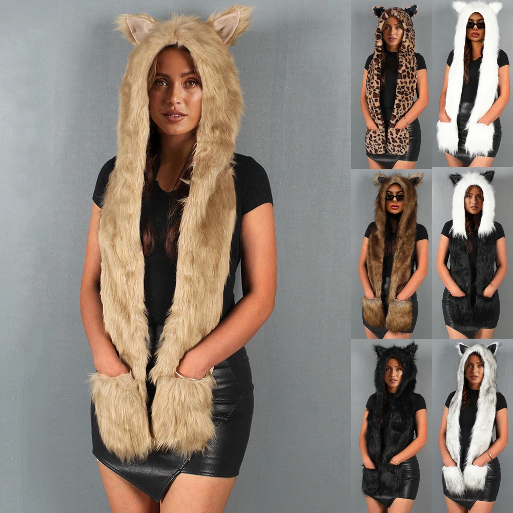 

2022 New Hats Thermal Faux Fur Gloves Keepwear Ladies One Cap Plush Scarf Snood Scarf Soft Warmth Woman Female