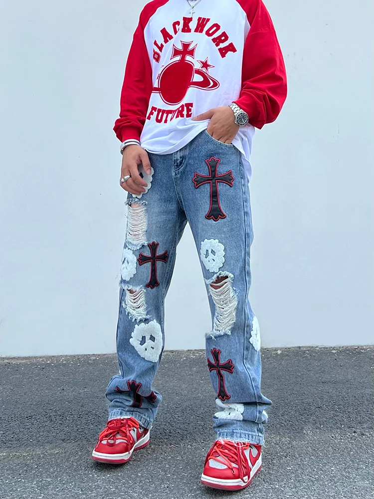 European and American Style Street Embroidery Cross Patch Ripped Men's Jeans High Street Retro Trend Straight Loose Trousers