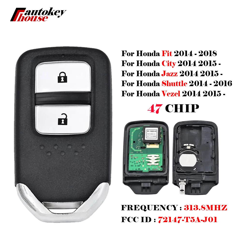 

For Honda Fit City Jazz Shuttle Vezel CN003130 Frequency 313.8Mhz ID47 Chip KR5V1X 72147-T5A-J01 Aftermarket 2 Button Smart Key