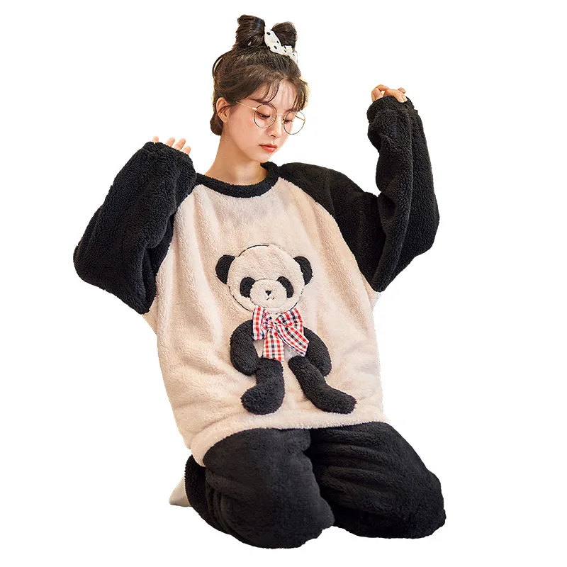 Women Sleepwear Winter Pajamas Coral Fleece Loose Version Pajama Set Inspissate Flannel Pullover Plus Size Cartoon Plush