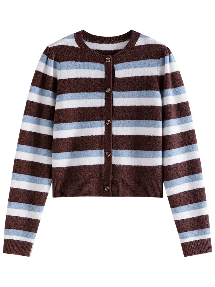 Женский трикотажный кардиган в полоску с круглым вырезом
