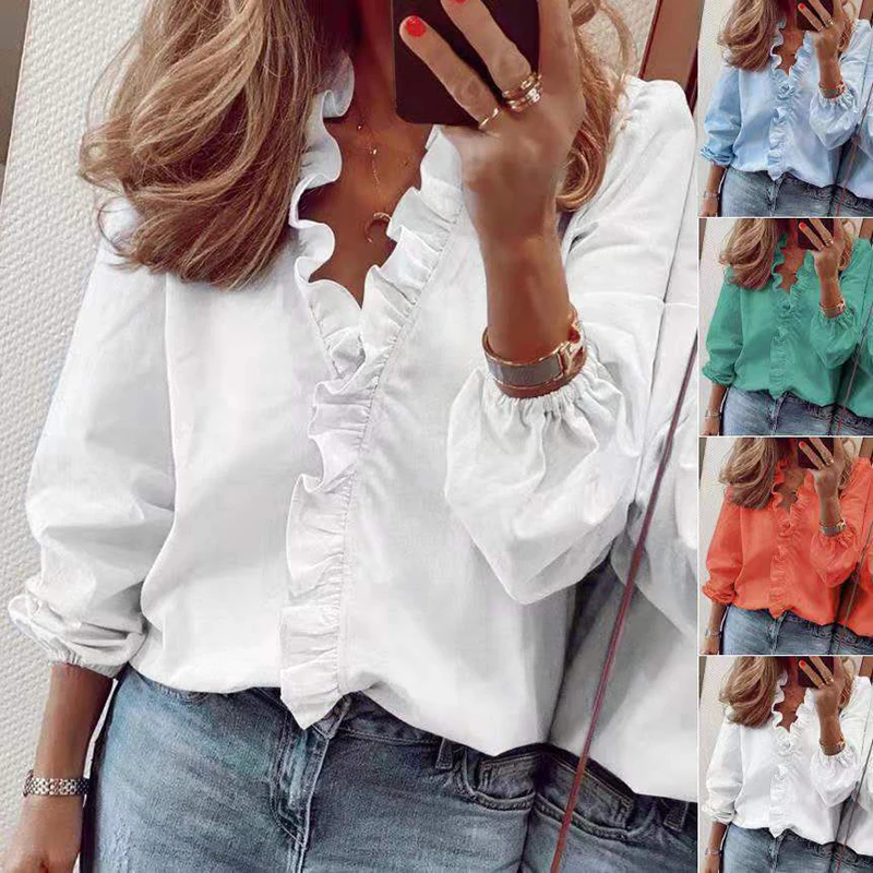 

2022 Spring Elegant Ruffles Women Shirt Blouses Casual V Neck Office Long Sleeve Loose Female Tunic White Business Shirt Women