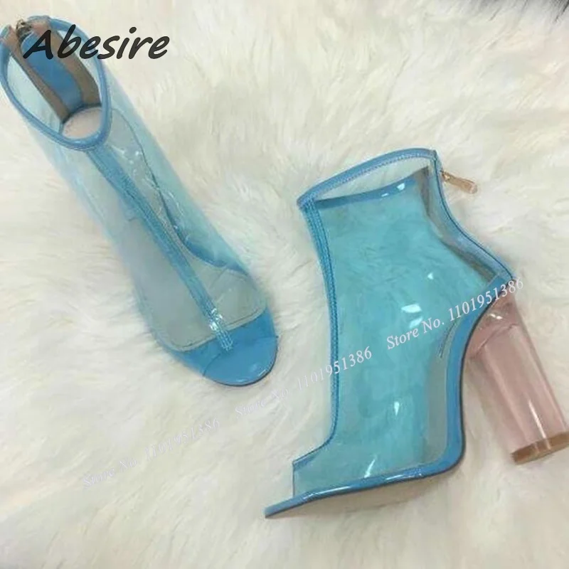 Abesire Blue Pink Back Zipper Clear PVC Boots for Women Clear Heel Ankle Boots Novel Strange Style Heel Boots Shoes on Heels