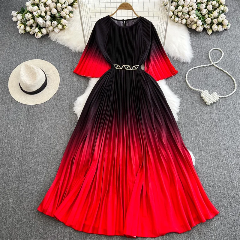 

Summer Women Mid-Length Gradient Dress With Sashes Vestidos Casual Round Neck Half Sleeve Flare Sleeve Ladies Pleated Dresses