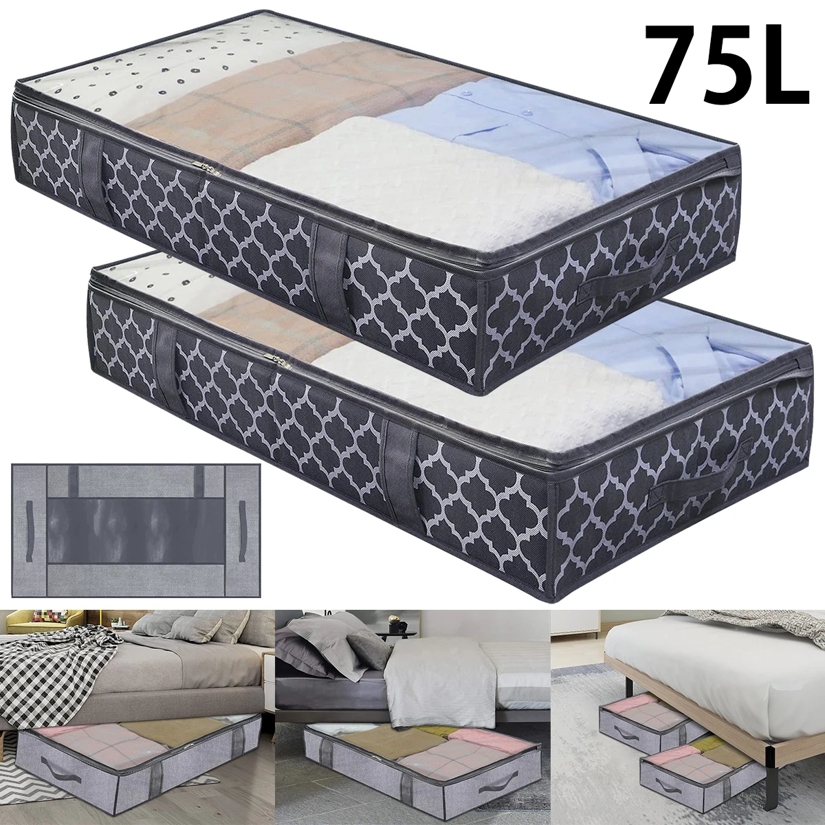 

2Pcs Breathable Under Bed Storage Bags Clothing Organizer Clear Cover Foldable Clothes Linens Bedding Closets Bedroom Underbed