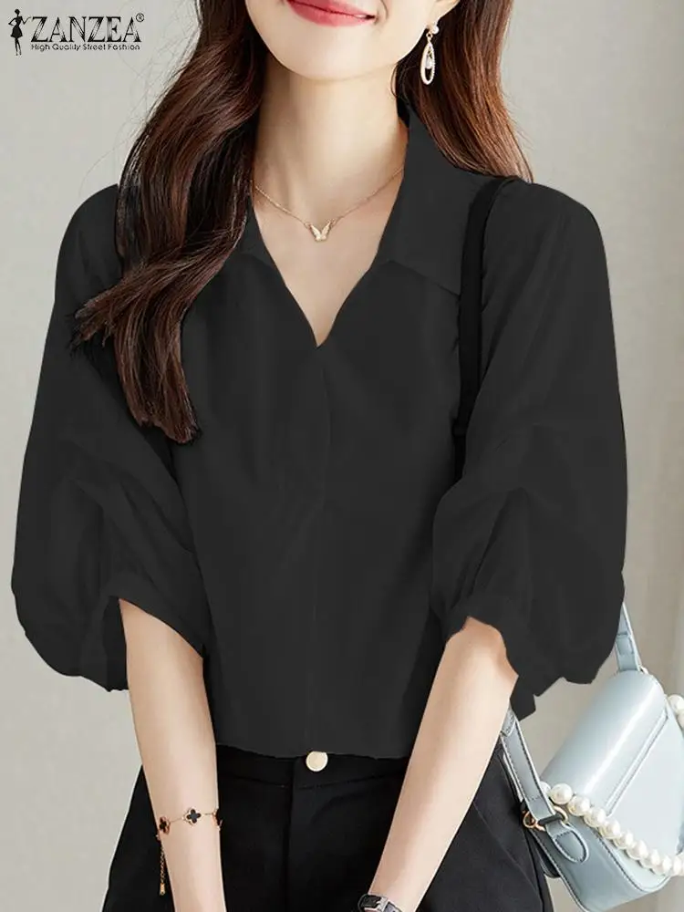 

Модная женская блузка ZANZEA с рукавом до локтя, летние повседневные офисные топы с воротником с лацканами, однотонные блузы, элегантная шифоновая рубашка в стиле пэчворк, Женская