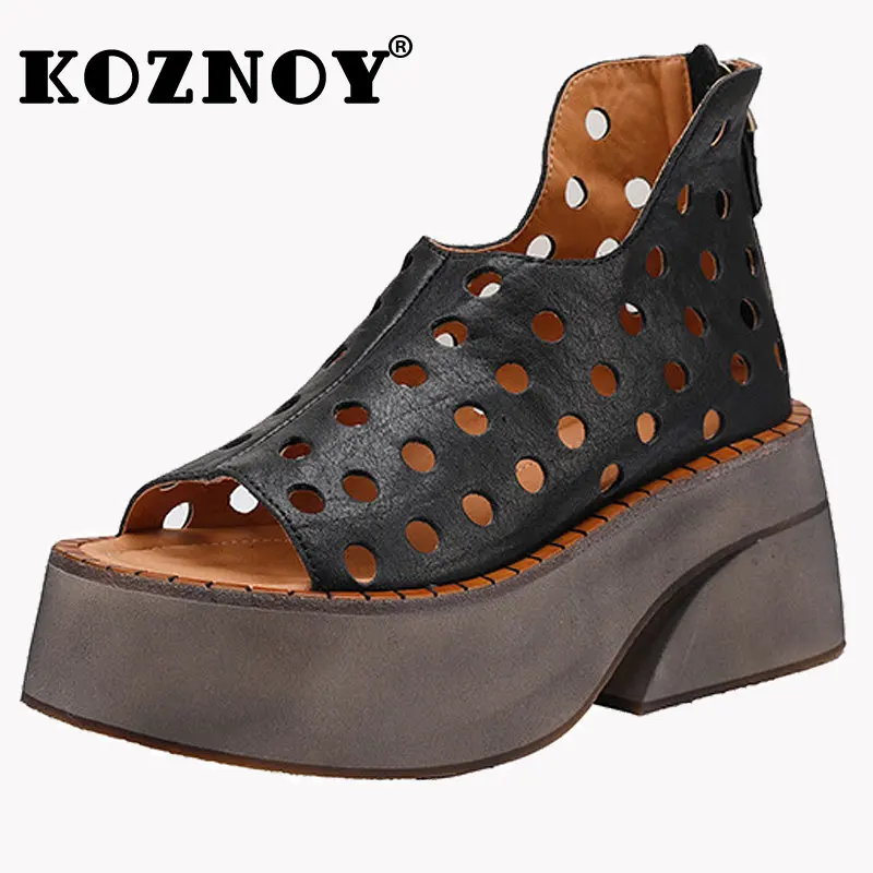 

Koznoy 7.5cm Peep Toe Luxury Designer Women Model Ethnic Appliques Genuine Leather Summer Platform Hollow Slippers Sandals Shoes