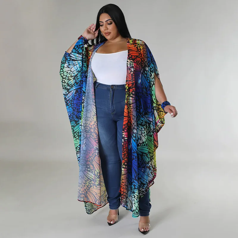 Plus Size Women Clothing Large Women's Coat Chiffon Printed Fashion Casual Shawl Cardigan Clothing Long Outwears Female Clothes