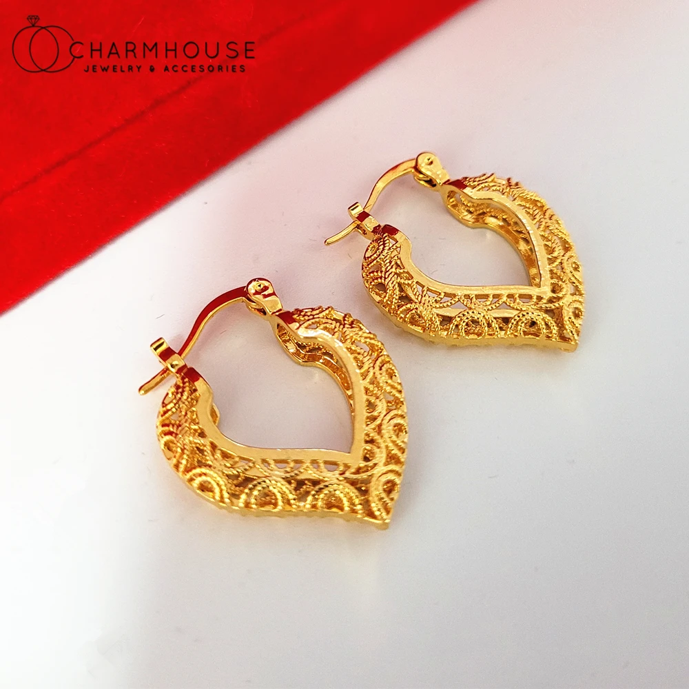 

24K Yellow Gold GP Hoop Earrings For Women Exquisite Heart Earring Cuff Brincos Femme High Quality Jewelry Accessories Bijoux