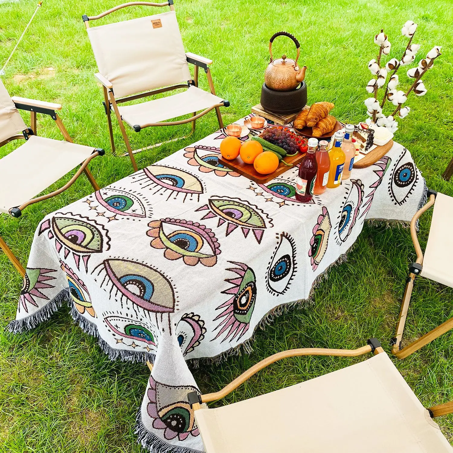 

Eye Embroidery Home Sofa Tassel Picnic Mat Camping Tent Outdoor Decor Blanket Throw