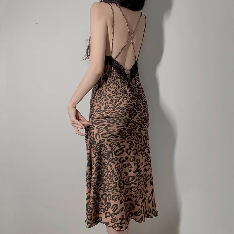 Леопардовые атласные длинные платья сексуальное женское белье платье для сна с
