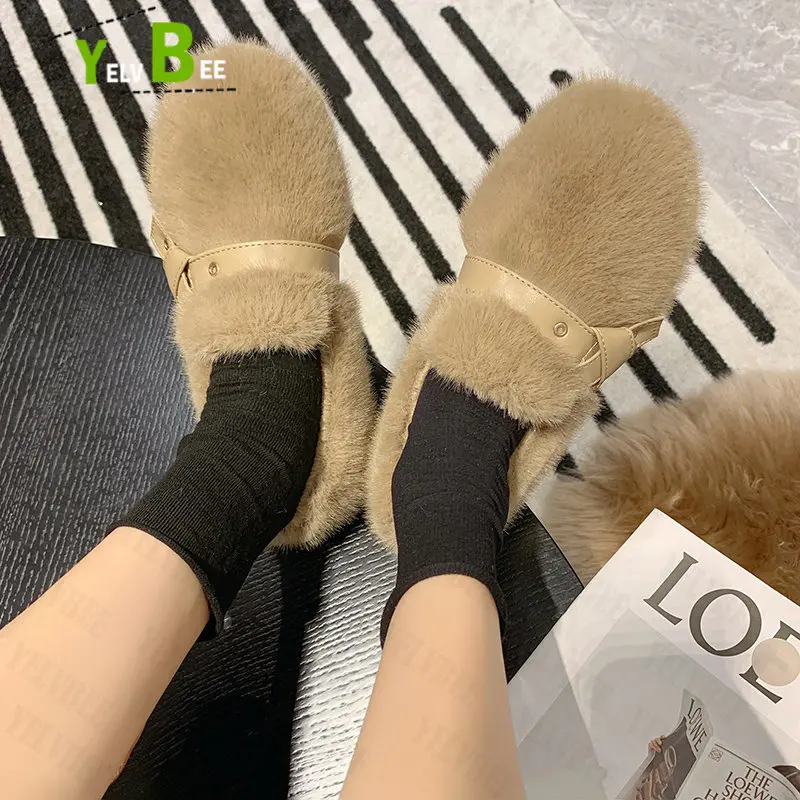 

New Flat Fur Dress Loafers Women Shoes Autumn Winter Cotton Boots Comfortable Casual Plush Cotton Slippers Chaussure Femme 2022