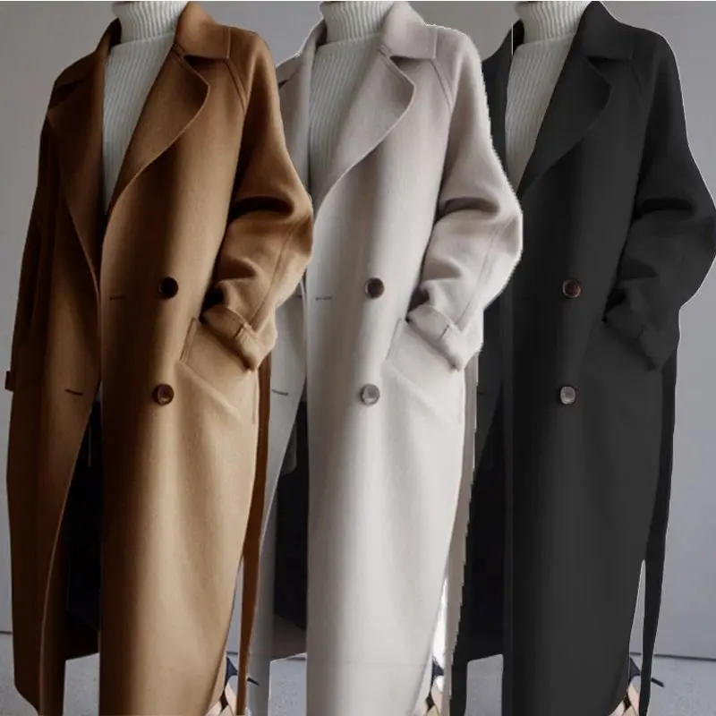 

Long Trench Coats Women Wool Blended Jacke 2022 Luxury Winter Clothes Ladies Beige Elegant Korean Fashion Black Jacket with Belt