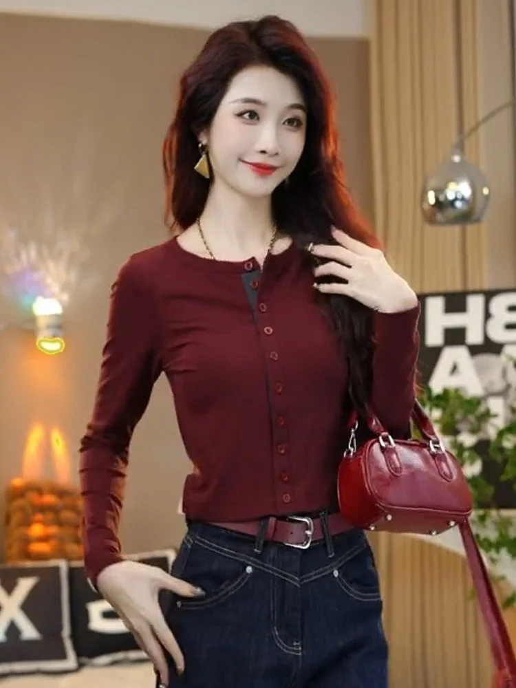 This Year's Popular Contrast Color round Neck Single-Breasted Long sleeves Shirt Women 2024 Autumn New Western Sle Slimming...