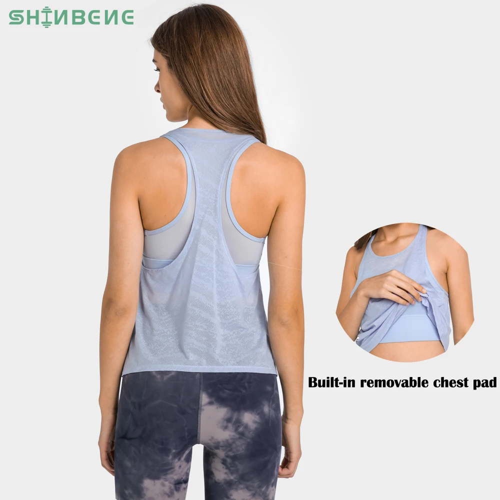 

SHINBENE 2in1 Ocean Jacquard Sport Workout Tank Tops Women Summer Lightweight Running Workout Vest Sleeveless with Built In Bra
