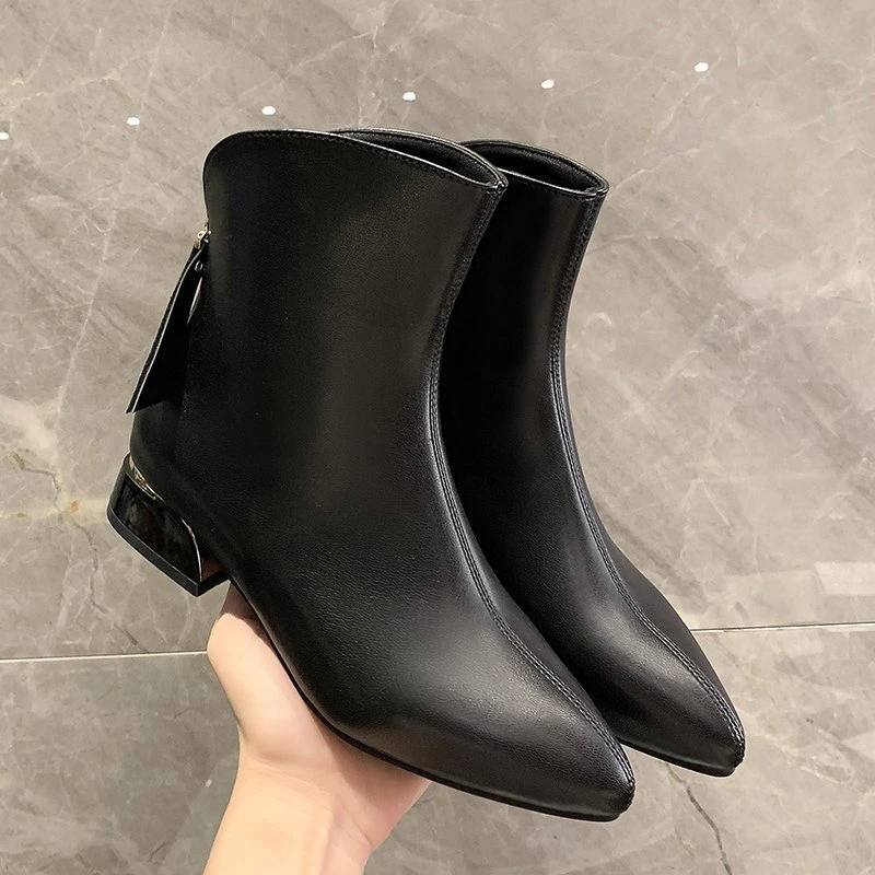 Women's pointed toe rear zipper ankle boots thick sole women's high heels square heel fleece boots 2022 autumn and winter new