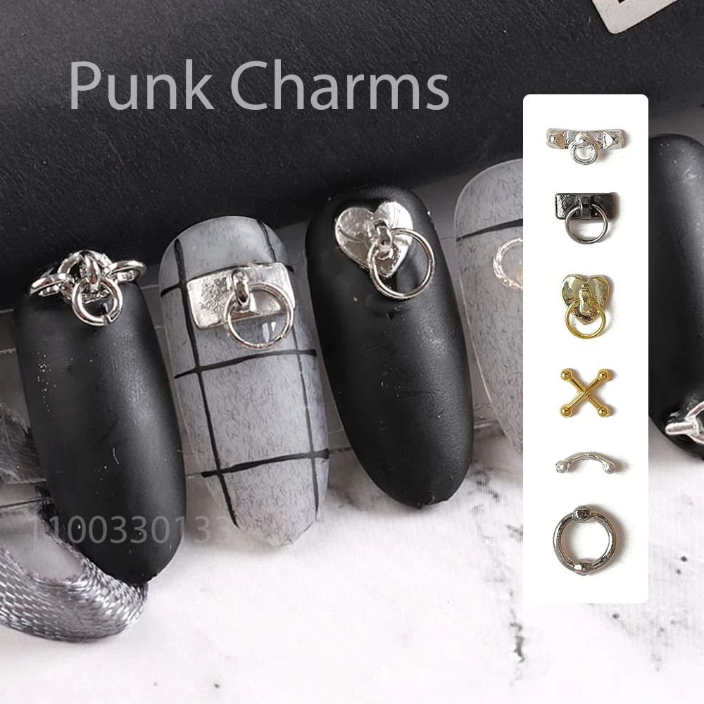 Japanese Punk: Chrome Alloy Heart Dangle Rings Charming Accessories Gold Silver Black Metallic Rock & Roll Nail Gels Bulk Rivets