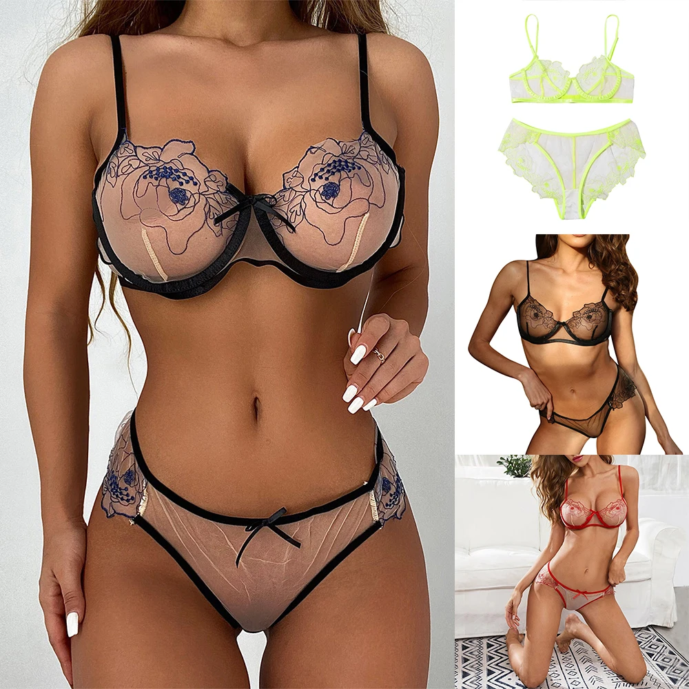 

Womens Fashion Lingerie Nightwear Transparent Embroidery Garters Underwear Soft Lace Panties Sleepwear Hot Erotic Sexy Bra Set