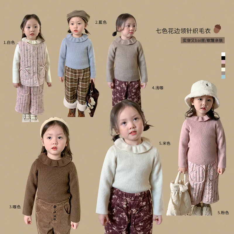 

Children's Knitted Sweater Autumn and Winter New Girls' Korean Version Lace Collar Base Top Baby Clothes