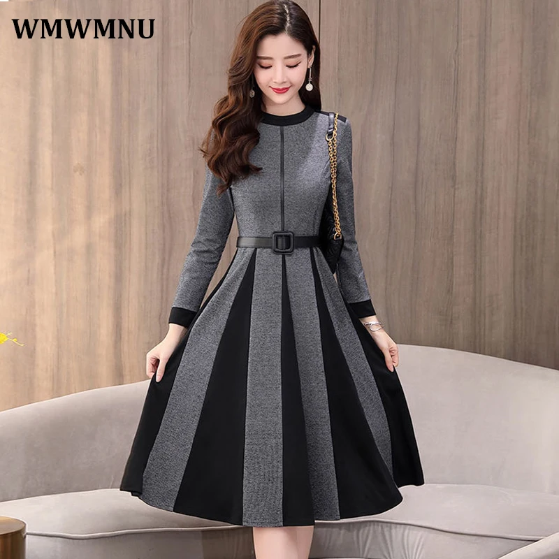 

Casual Little Plaid Spliced Hem Pleated A-Line Dresses Women Fall Vintage Belted Long Sleeve Dress Elegant Knee-Length Vestidos