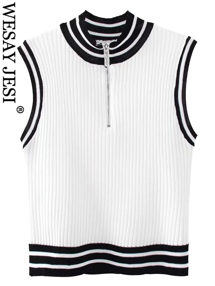 

WESAY JESI Fashion Sleeveless Ladies White Vest Black Stripes Sports Style Pullover Short Slim Top Kitted knitting Skin-friendly