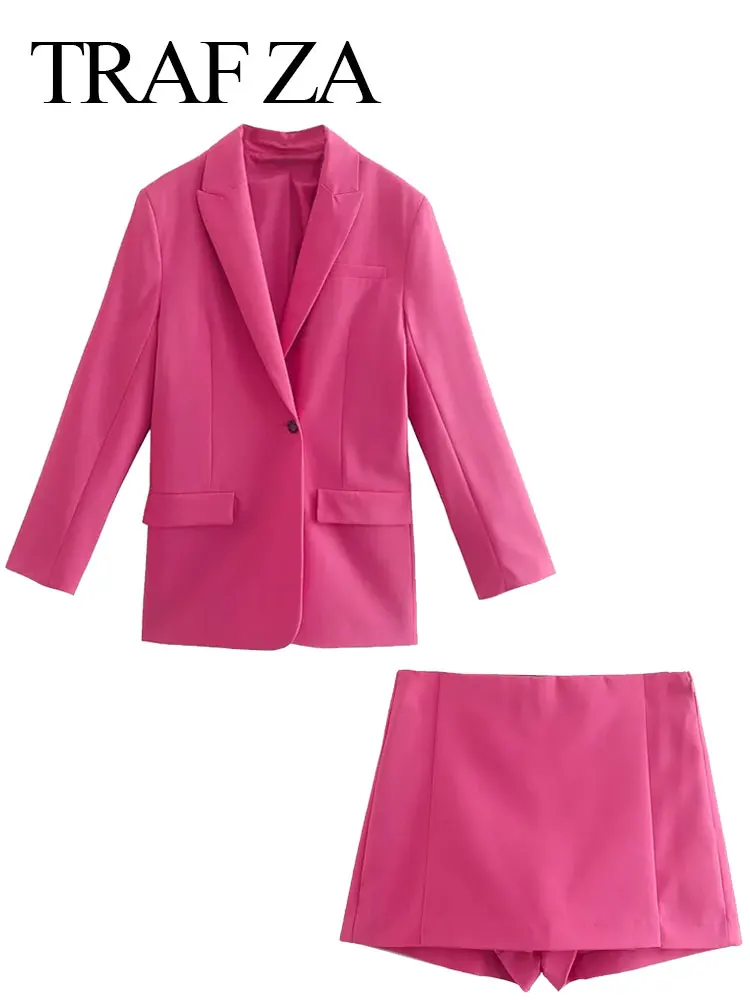 

TRAF ZA Ladies Blazer Set Casual Jacket And Mini Shorts Skirts Single Button Loose Lapel Solid Color Fashion Women's Two Piece