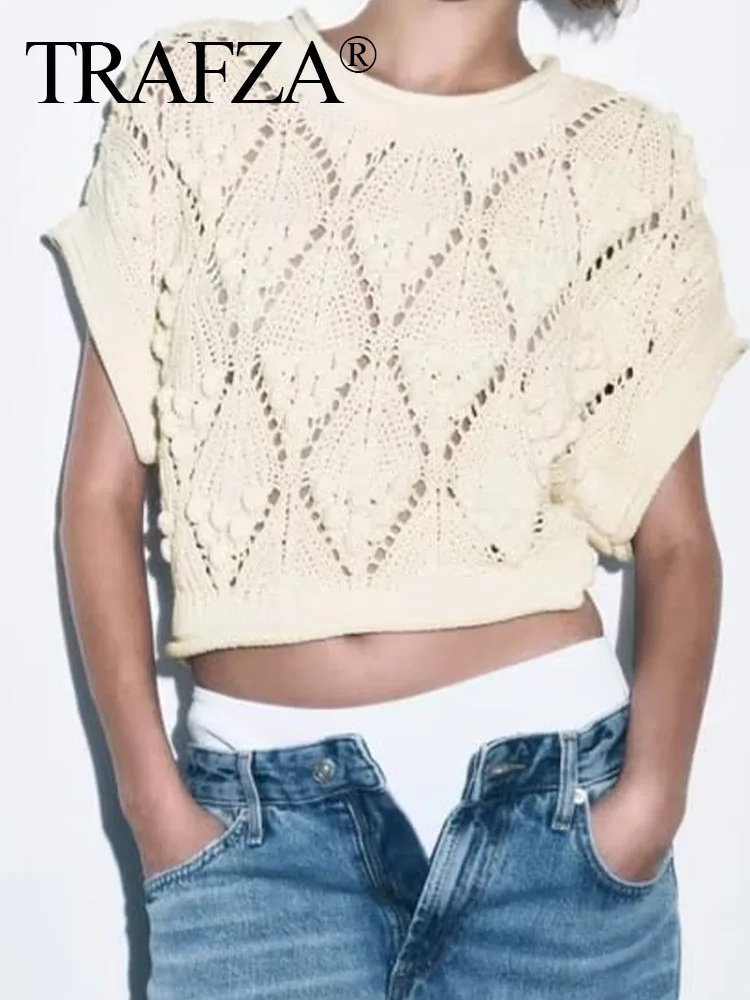 

TRAF ZA Female Vintage Fashion Kintted Hollow Out Solid Short Sleeves Top Elegant O Neck Geometric Decoration Sweaters Pullovers
