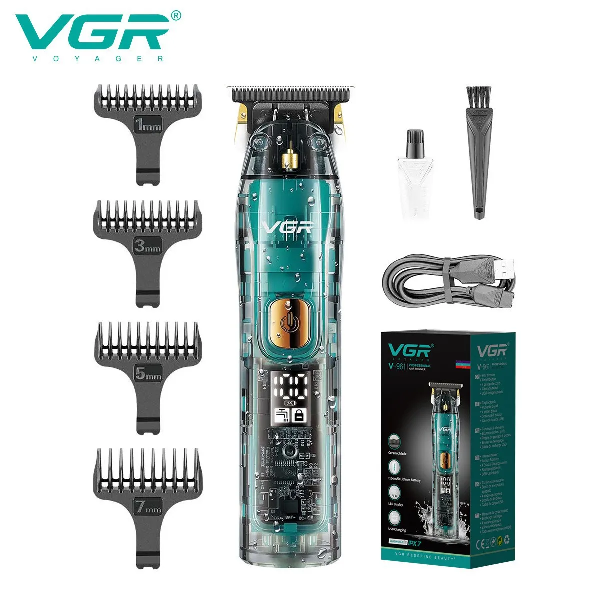 

VGR hair trimmer V961 USB rechargable hair clipper oil head whitening engraving carving waterproof transparent shell LCD