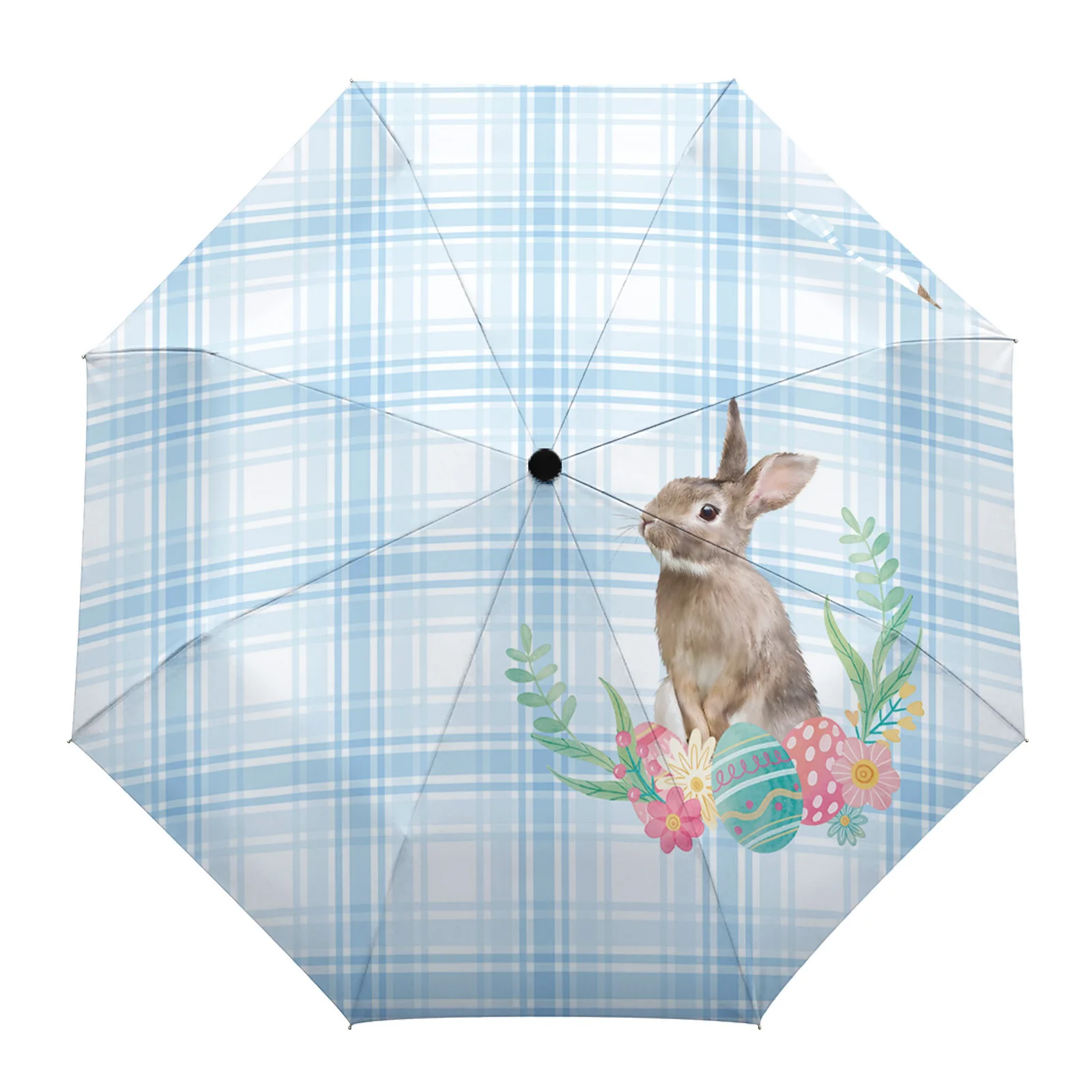 

Easter Bunny Color Egg Blue Plaid Large Fully-automatic Parasol Umbrella Foldable Eight Strand Umbrella for Adults Rain Umbrella