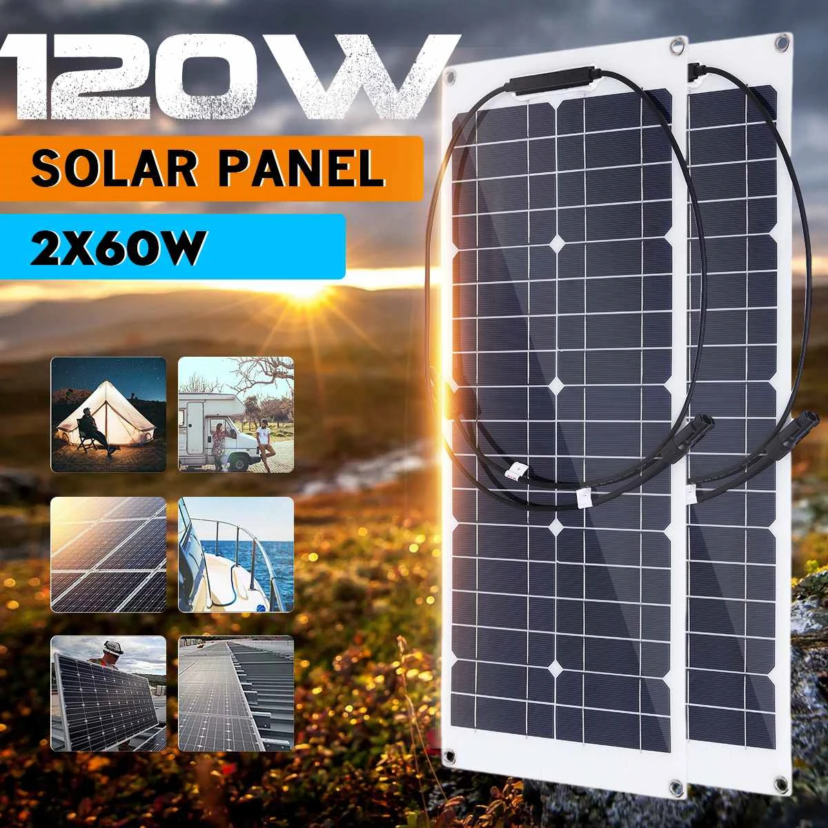 

120W 18V Flexible Monocrystallin Solar Panel Kit Complete Charger Waterproof Solar Cells for Home Car Yacht RV Battery Charger