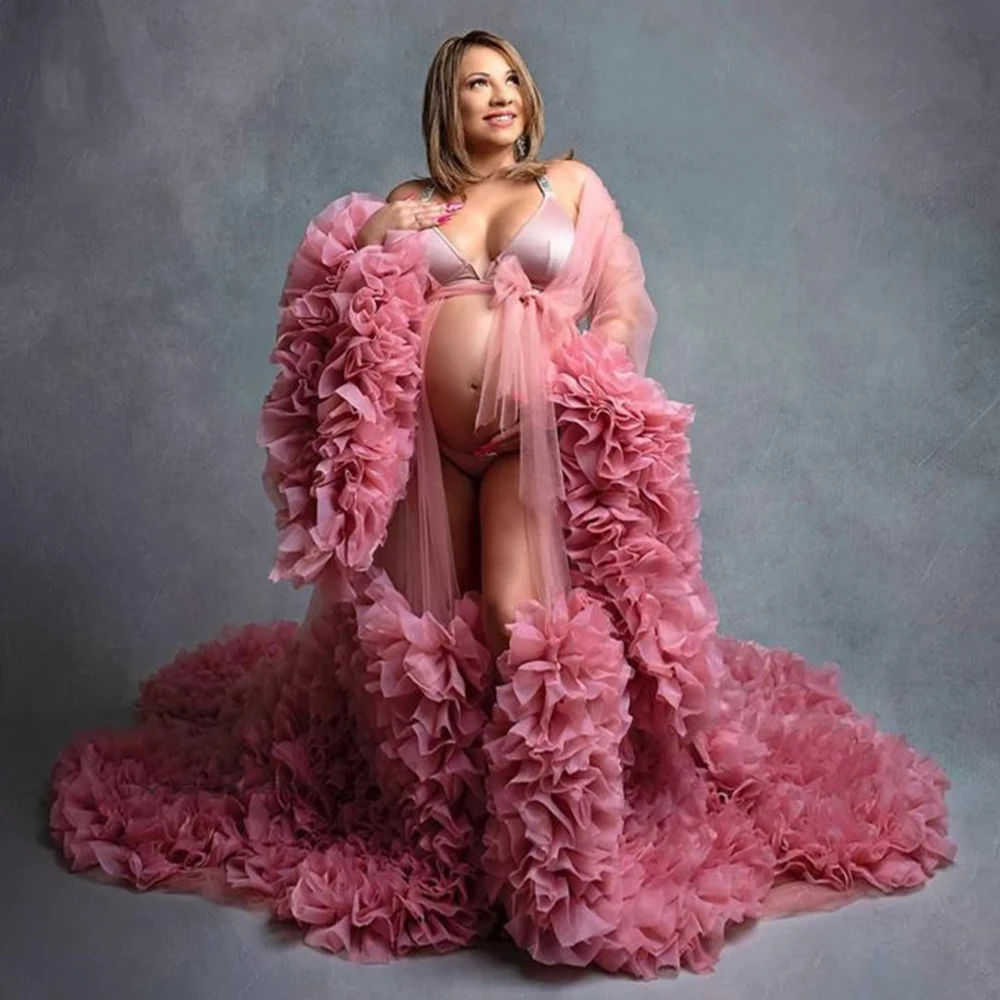 

2023 Elegant Pink Maternity Dress Fancy Photography Props Dresses Long Sleeves Pregnancy Dress Photo Shoot