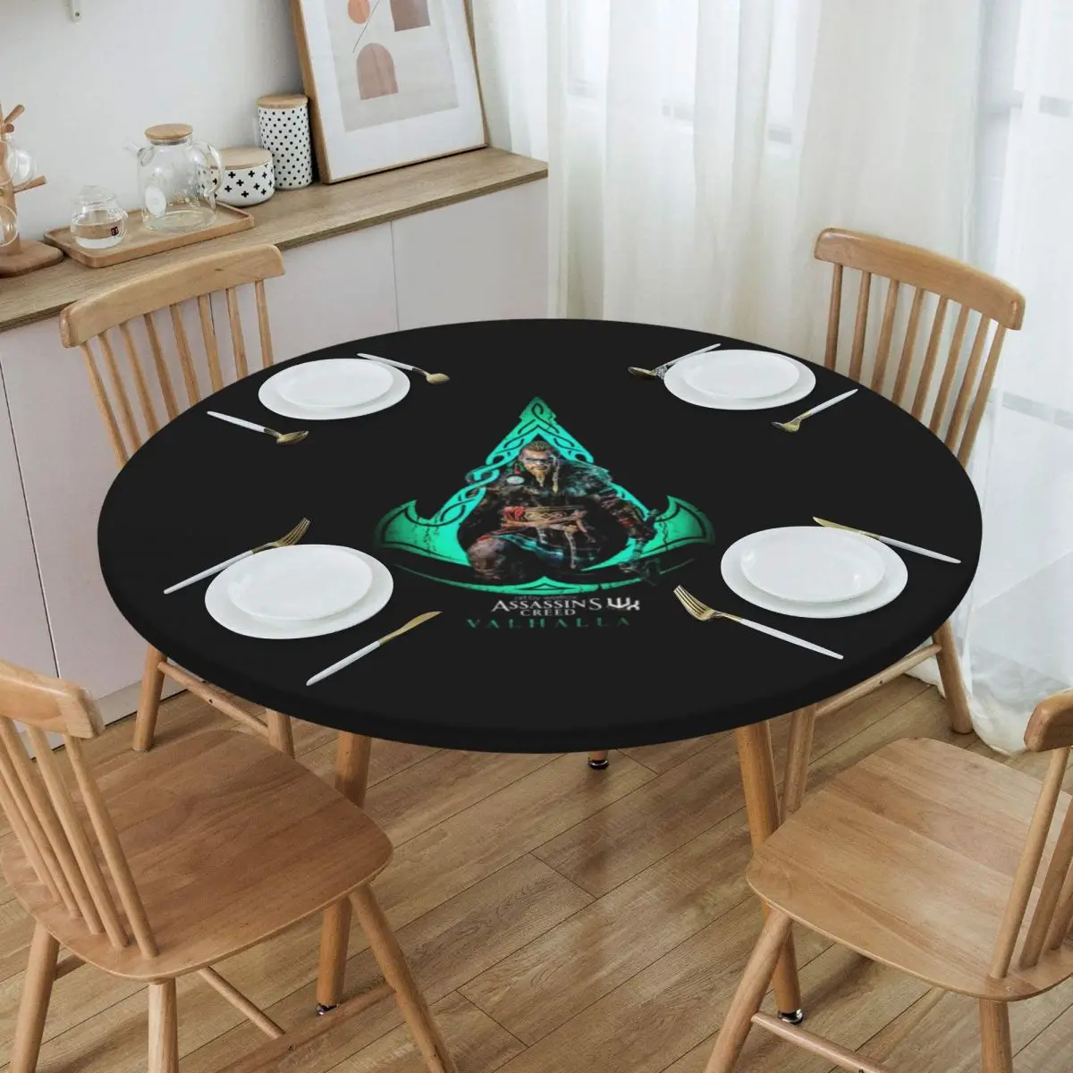 

Round Assassins Creed Valhalla Table Cloth Oilproof Tablecloth 40"-44" Table Cover Backed with Elastic Edge