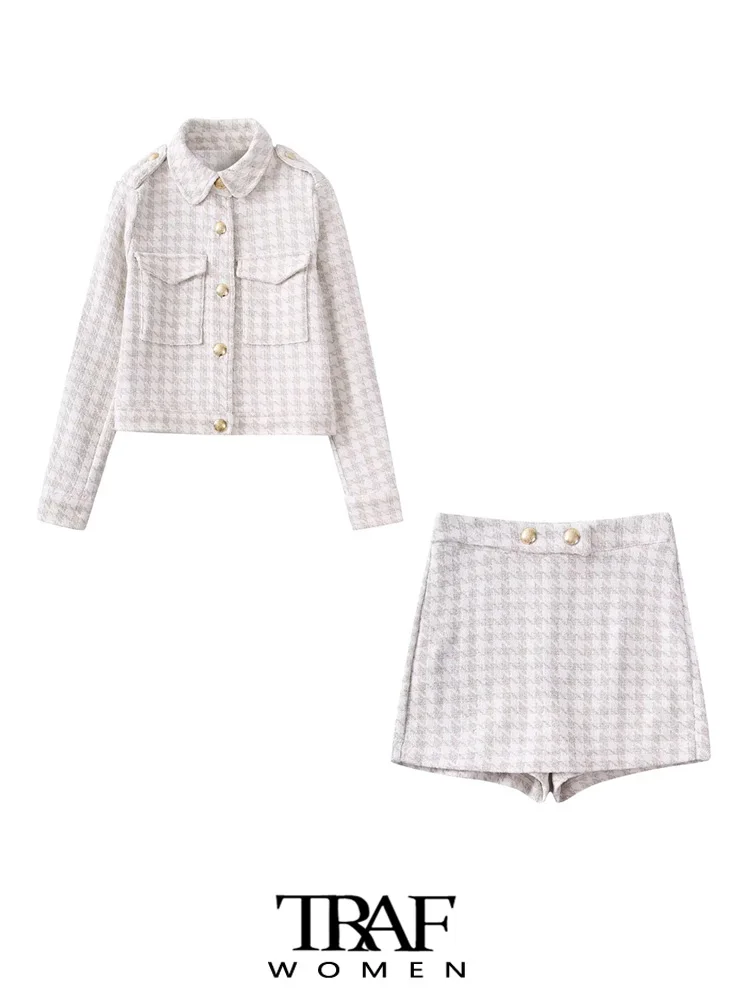 

TRAF Women Fashion With Pockets Tweed Jacket Coat And High Waist Back Zipper Mini Skirt Female Two Piece Sets Mujer