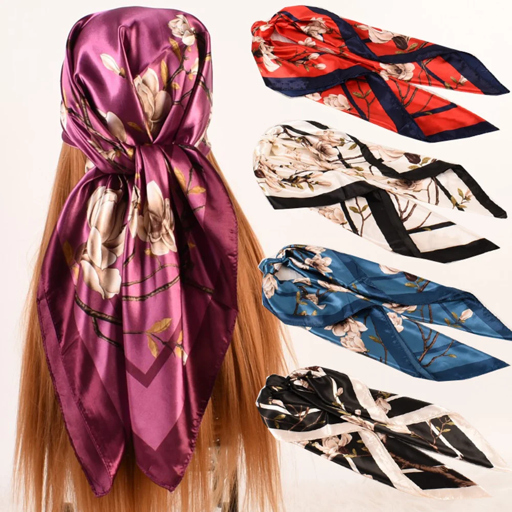

2023 Fashion Women Square Headscarf The Four Seasons Popular Scarves New Model Sunscreen Silk Hijab Fashion 90X90CM Beach Shawls