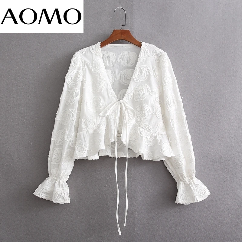 

Женская рубашка-кимоно AOMO в стиле ретро с белой вышивкой, 2022 шикарная женская укороченная рубашка с бантом, топы 1D508A