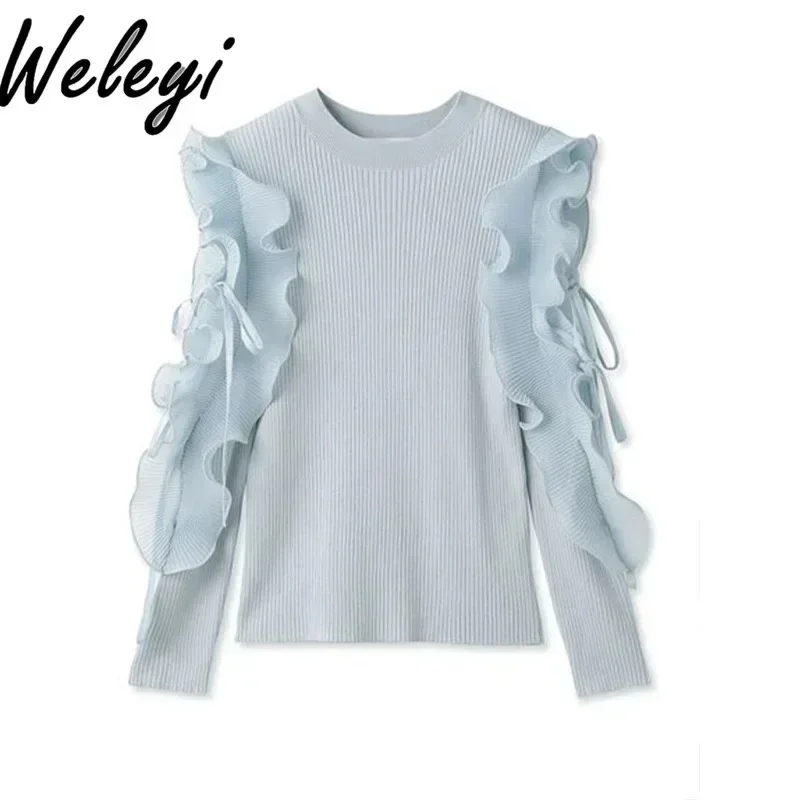 Женский трикотажный топ в японском стиле полоску с круглым вырезом и длинным