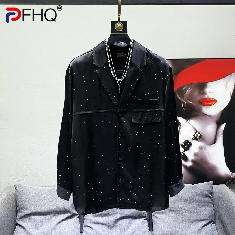 

PFHQ 2023 Summer New Fashion Solid Color Long Sleeve Notched Shirts For Men Turn-down Collar Loose Men's Blouse Clothing 21F3503