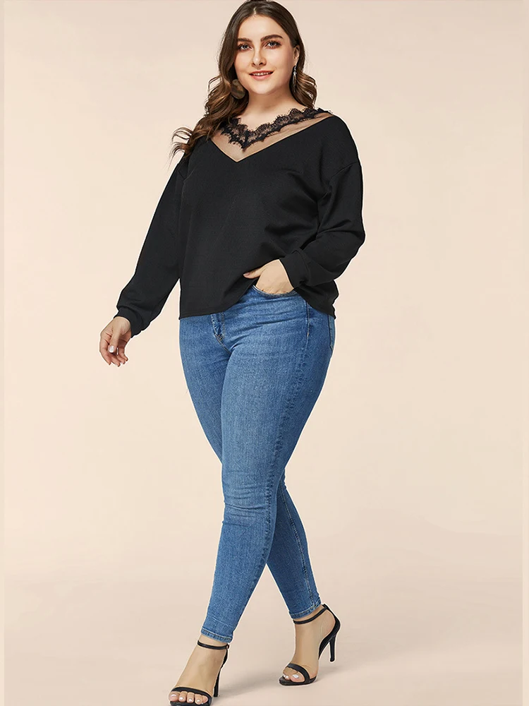 2022 Plus Size Solid Color V Neck Sexy Women Summer long sleeve for T Shirt Female Street Fashion Casual Lace Tshirt