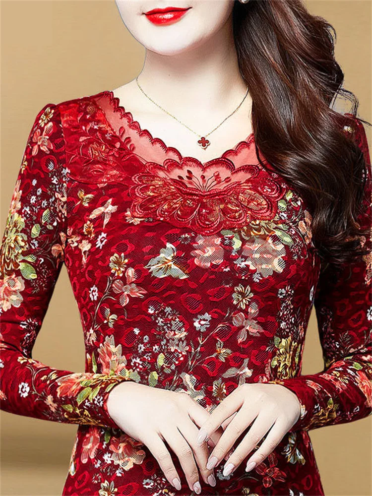 

Hollow Out Women Spring Autumn Style Lace Blouses Shirts Casual Long Sleeve Patchwork Spliced Turtleneck Blusas Tops DF2601