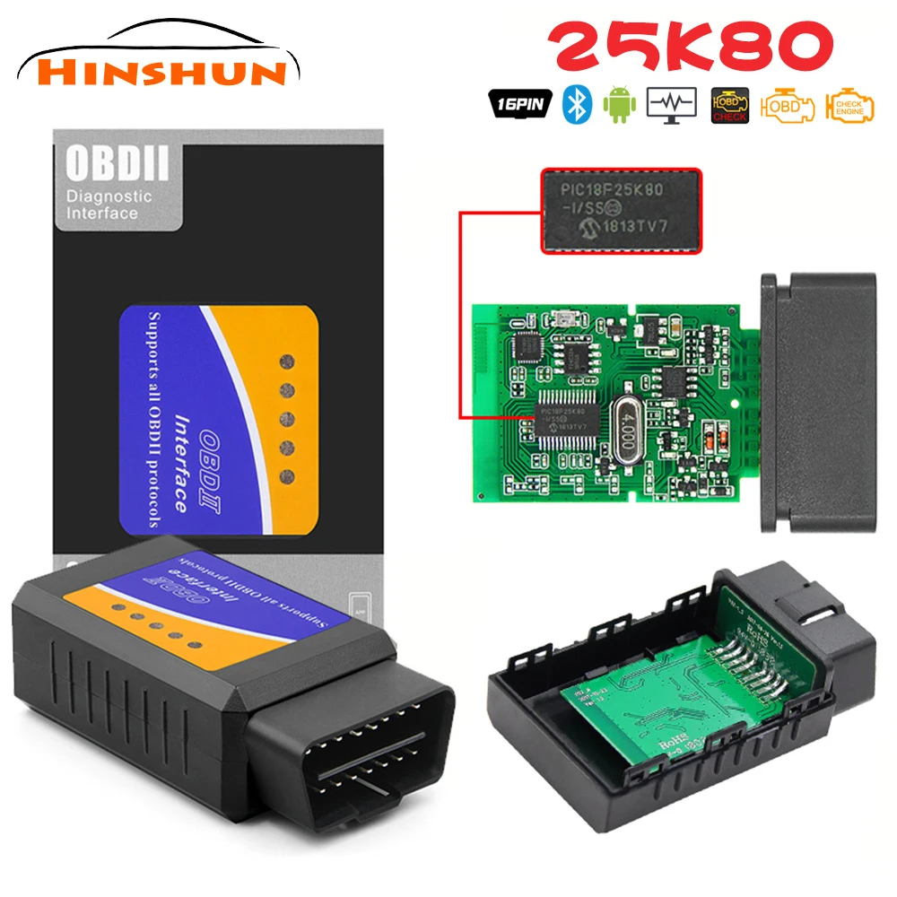 

ELM327 Bluetooth 2.0 OBD2 Scanner OBD V1.5 Scanner with PIC18F25K80 Chip for Android IOS Car Diagnostic Tools Automotive scanner