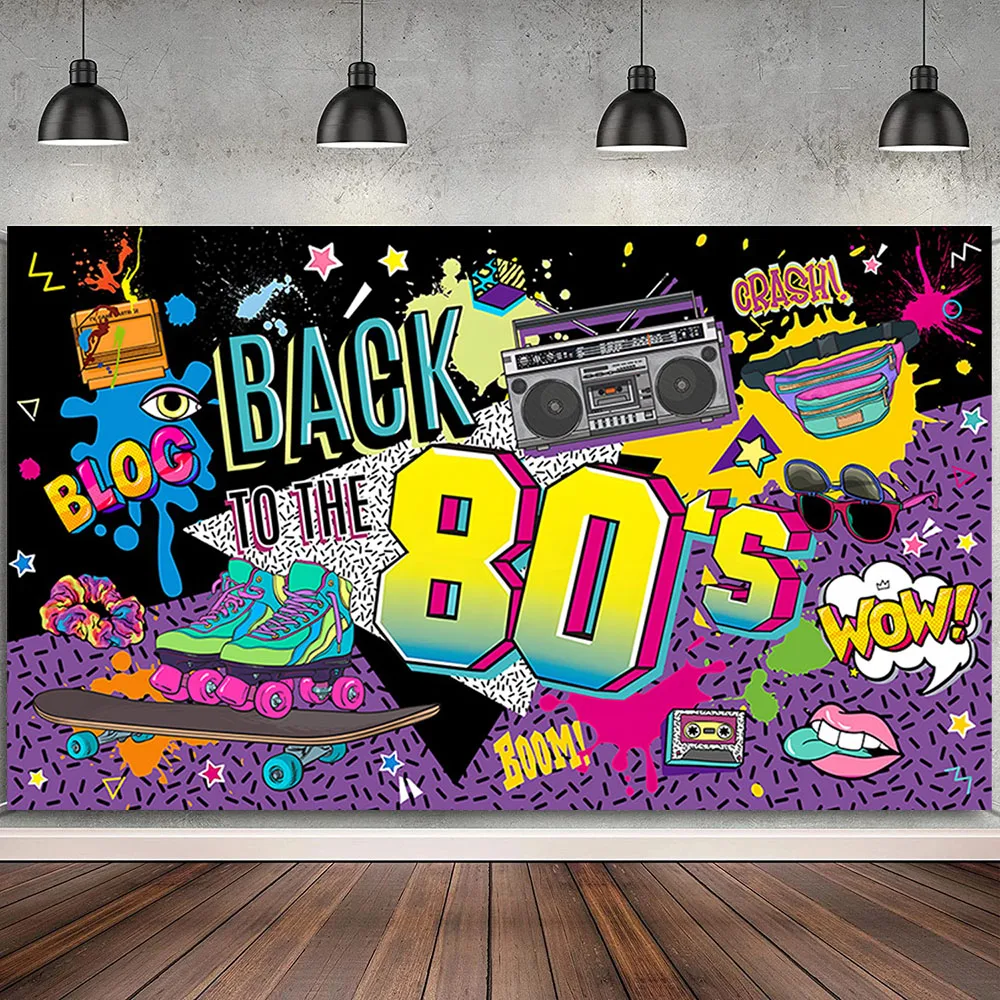 

80s Themed Birthday Party Decoration Cake Banner Retro Backdrop Back to The 80's Hip Hop Graffiti Vintage Photography Background