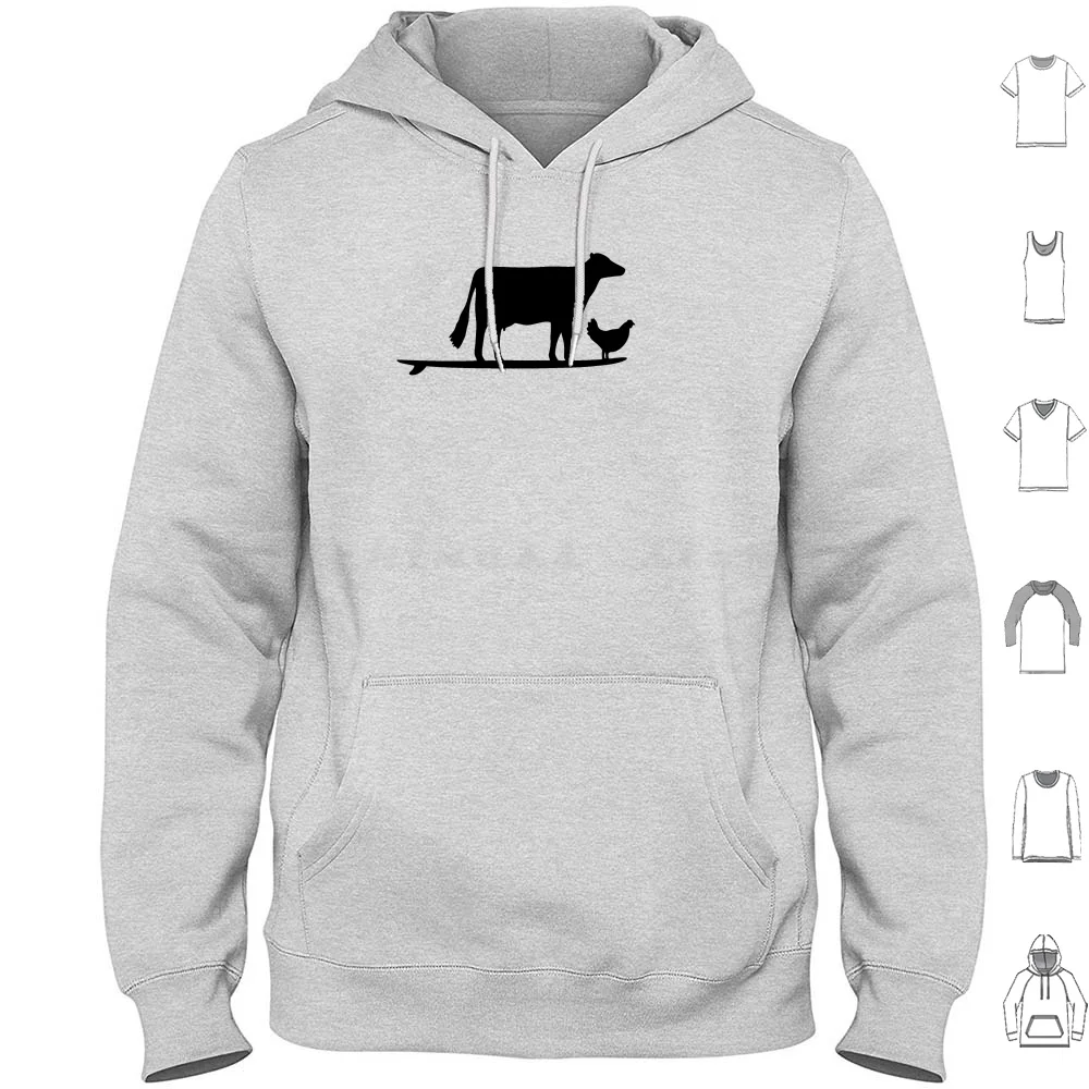 

Surfing Cow And Chicken Silhouette-Funny Farm Animals On Surf Board Hoodie cotton Long Sleeve Surfing Surf Board Chicken Cow