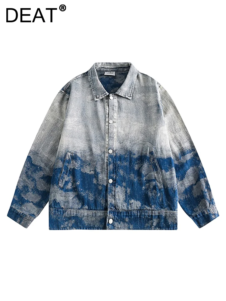 

DEAT Women's Denim Coat Lapel Gradient Blue Wash Single Breasted Straight Long Sleeve Jackets 2023 Autumn New Fashion 29L3063
