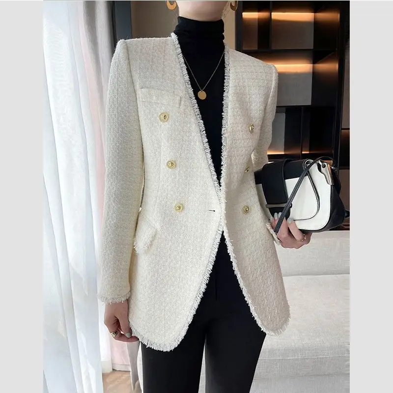

Blazer Women 2022 New Fashion Metal Double Breasted Woolen Blazers Coat Vintage Long Sleeve Female Outerwear Chic Tops E324